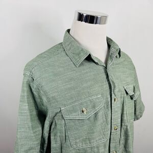Woolrich XL Chambray Shirt Green Short Sleeve Button Front 100% Cotton Casual
